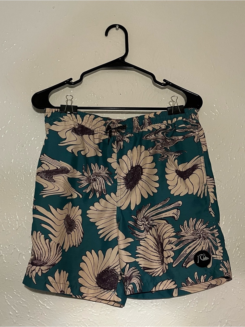 Quiksilver Teal Swim Trunks with Cream Floral Print